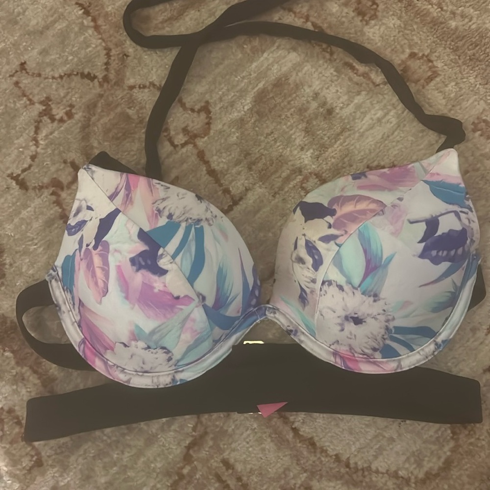 Floral Print Bikini Top with Black Straps